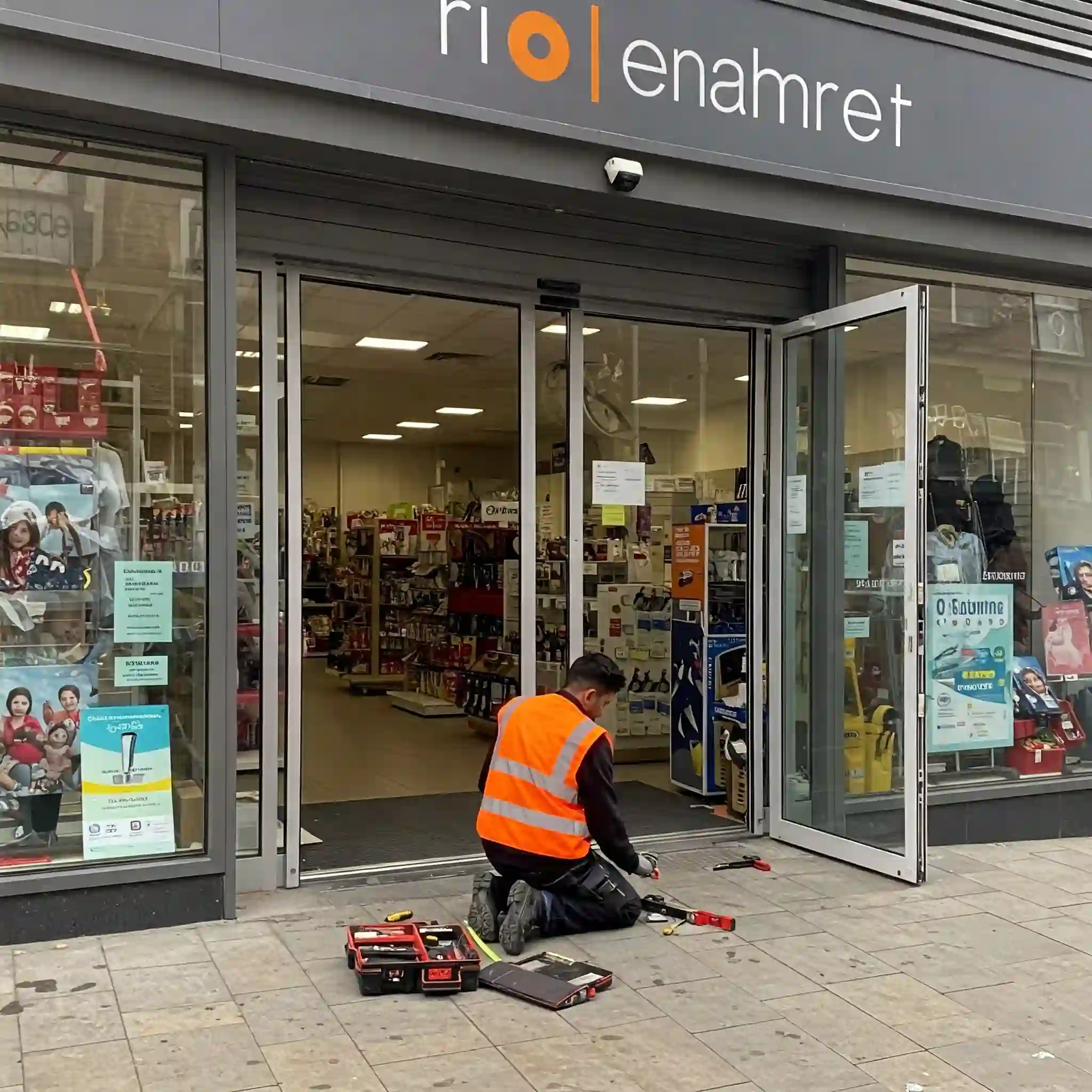 Professional automatic door repair technician working on a commercial automatic sliding door in Wimbledon
